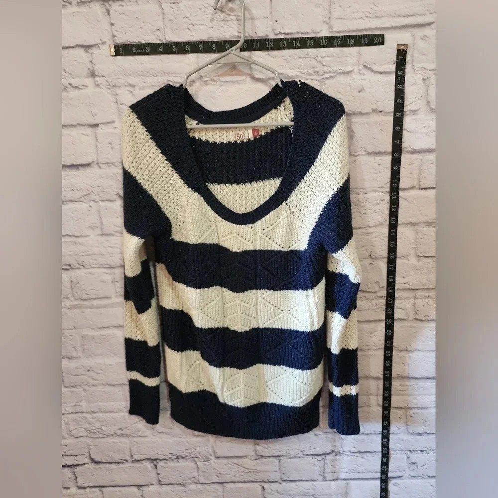 SO Striped Open-Knit Sweater Navy White Crochet Long Sleeve Lightweight Preppy L